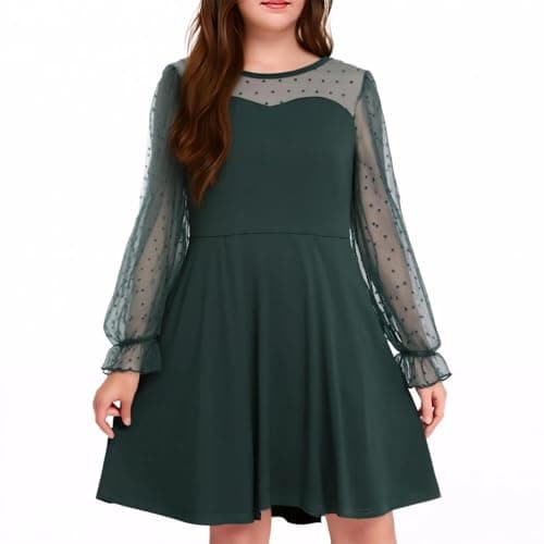 Little Bitty Girls Polka Dot A-Line Midi Dress with Pockets, Contrast Mesh Long Sleeve Sweetheart Neckline Dark Green 10-11Y - Image 1