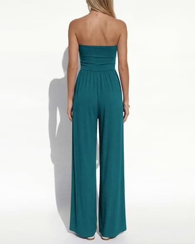 BTFBM Jumpsuits For Women Summer 2026 Beach Vacation Strapless Tube Top Jumpsuit Ruched Casual Wide Leg Pant Rompers(Blue Green, X-Large) - Thumbnail 3