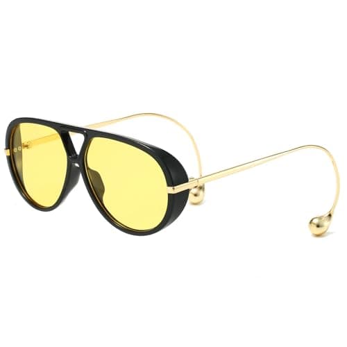 LASPOR Oversized Aviator Sunglasses for Women Vintage With Adjustable Earring Large Big Frame Ladies Shades (Black Frame/Yellow Lens) - Image 1