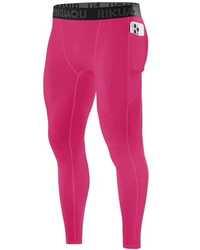 RIKUAOU Men’s Compression Pants Running Leggings Athletic Base Layer Workout Tights with Pockets for Sports Basketball Rose Pink - Image 1