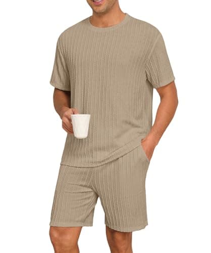 PrinStory Mens Pajamas Set Summer Pjs Sets Lightweight Short Sleeve Pajama Shorts Set Soft Sleepwear Loungewear with Pockets Khaki-XL - Image 1