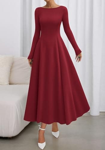 BTFBM Spring Dresses for Women 2026 Trendy Boat Neck Long Sleeve A Line Flowy Knit Loose Casual Elegant Party Maxi Dress(Burgundy, XX-Large) - Thumbnail 2