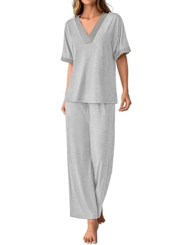 GKBK Womens Two Piece Outfits Pajama Sets 3/4 Dolman Sleeve V Neck Sleepwear Nightwear Loungewear Matching Pjs 2 Piece Lounge Set Lightweight Sweatsuit Fall Fashion Ooutfit Gray L - Thumbnail 5