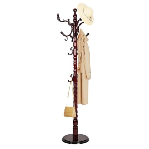 Daisdoer Solid Wood Coat Rack, Free Standing Hall Coat Tree with 14 Hooks, 3 Height Options, 300lbs Load, Stury Base, Clothes Rack for Entryway, Hallway, Bedroom (Disc Base - Rosewood)