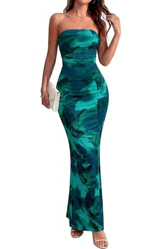 BTFBM Women Summer Strapless Maxi Dress 2026 Bodycon Floral Long Wedding Guest Dress Formal Tube Mesh Cocktail Dresses(Floral Lake Blue, Medium)