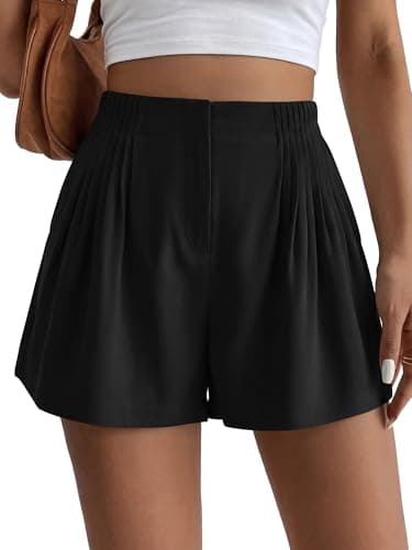 BTFBM Womens Shorts Casual 2026 Spring Summer Elastic High Waisted Pleated Cotton Shorts Beach Vacation Outfits Pockets(Black, Small) - Image 1