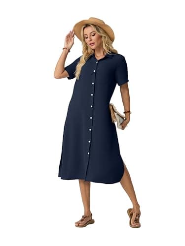 HiMONE Women’s Casual Shirt Dress Button Down Midi Dress Short Sleeve Collared Loose Fit Summer Dress with Pocket Side Slit - Thumbnail 6