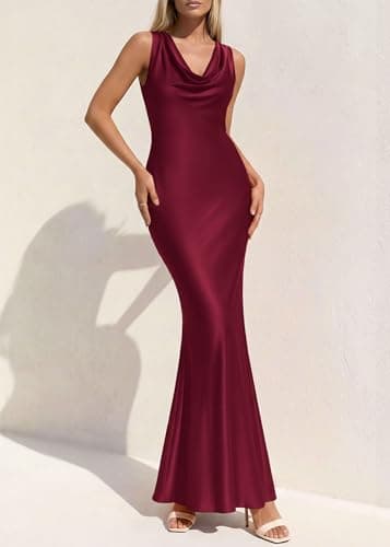 KIRUNDO Womens Summer Cowl Neck Sleeveless Satin Maxi Dress Elegant Bodycon Cocktail Wedding Guest Party Long Dresses(Burgundy, Large) - Thumbnail 4