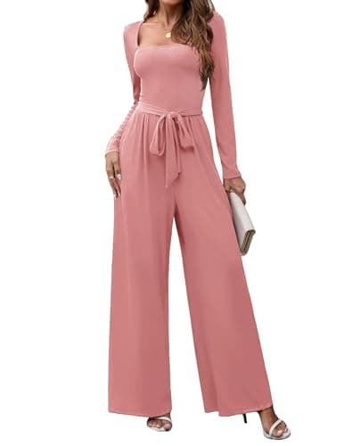 LOOKBOHO One Piece Jumpsuits for Women Dressy Casual Square Neck Elegant Wedding Guest Jumpsuit Long Romper Dusty Pink XL - Image 1