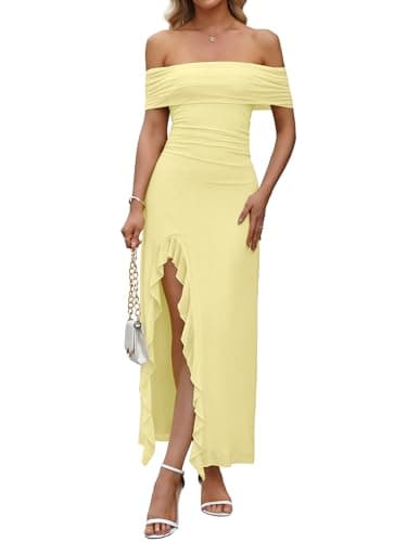 Zelroxa Women Pastel Yellow Dress Sexy Off The Shoulder Mesh Ruched Bodycon Asymmetrical Cocktail Wedding Party Graduation Banquet Elegant Ruffle Slit Maxi Long Tight Dresses - Image 1
