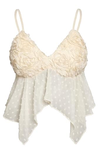 AIMISHI Sexy 3D Flower Crop Top for Women Y2K V Neck Tank Tops Spaghetti Strap Ruffle Camisole Summer Going Out Outfits Apricot Large - Image 1