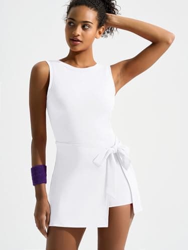 Dokuritu Workout Dresses for Women U-Shaped Back Knot Tennis Dress Built in Shorts Backless Wrap Golf Athletic Rompers White - Thumbnail 3