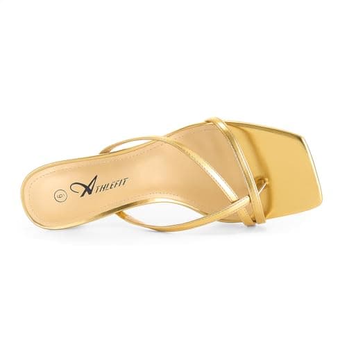 Athlefit Kitten Heels for Women Flip Flops Square Open Toe Strappy Thong Heeled Sandals Sexy Party Wedding Dress Shoes Gold Size 6.5 - Thumbnail 5