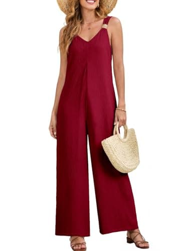 Acelitt Women Casual 2026 One Piece Jumpsuits Dressy Fashion Summer V Neck Sleeveless Loose Wide Leg Long Pant Rompers Outfits Red XL - Thumbnail 4