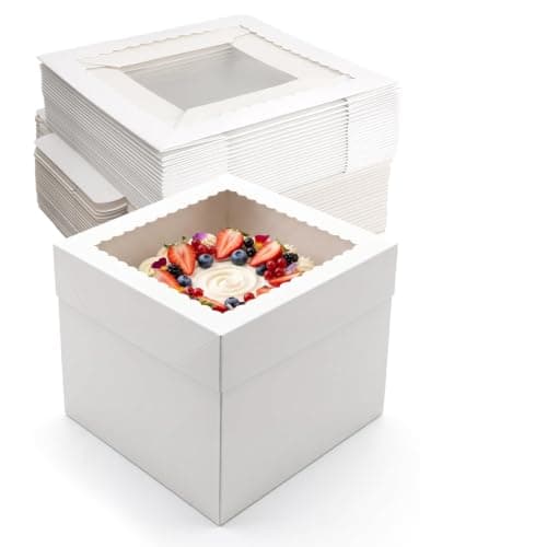 CRUGLA 24 Pack 10x10x10 Cake Boxes, White Bakery Window Boxes, Tall Dessert Carrier for Birthdays, Weddings & Bake Sales - Image 1