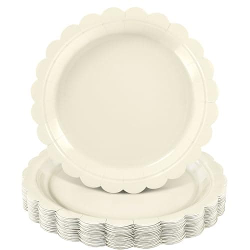 NatNarr 30 Pcs Ivory Paper Plates 9 Inch Disposable Scalloped Cream Plates Cute Beige Dessert Cake Plate Party Dinner Plate for Baby Shower, Wedding, Bridal Shower - Image 1