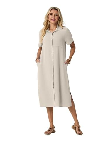 HiMONE Women’s Button Down Shirt Dress Casual Midi Dress Short Sleeve Collared Loose Fit Summer Vacation Dress with Pocket - Thumbnail 3