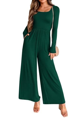 KIRUNDO Long Sleeve Jumpsuit for Women 2026 Spring Outfits Summer One Piece Square Neck Wide Leg Pants Romper With Pockets(Dark Green, Small) - Image 1
