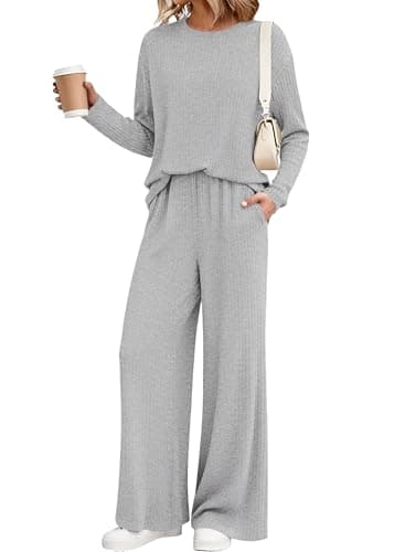 KIRUNDO Spring 2 Piece Lounge Sets for Women Long Sleeve Ribbed Knit Tops Wide Leg Pants Matching Travel Outfits Postpartum(Light Grey, Medium) - Image 1