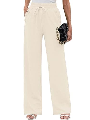Heymoments Women Wide Leg Pants Ivory X-Large High Waist Loose Casual Pants Adjustable Tie Knot Belted Long Straight Trousers with Pockets - Image 1