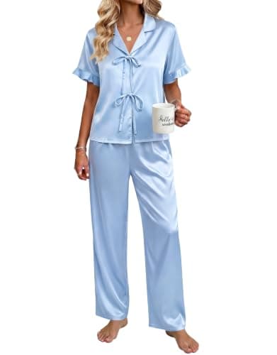 Ekouaer Silk Pajamas for Women 2 Piece Satin Pj Set Ruffle Tie Short Sleeve Sleepwear Comfy Loungewear with Pockets Light Blue XL - Image 1