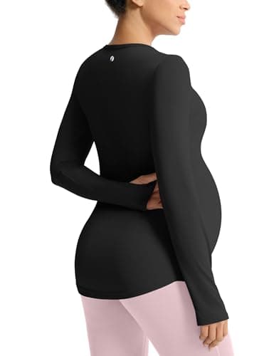 Mama Land Maternity Long Sleeve T-Shirts - Workout Yoga Tops Fall Comfortable Maternity Clothes Daily Casual Slim Fit Round Neck Pregnancy Clothes Must Haves (Black M) - Thumbnail 2