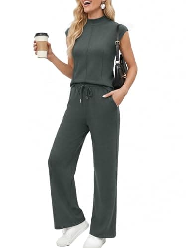 Casly Lamiit Two Piece Sets for Women Casual Summer Outfit Lounge Short Cap Sleeve Wide Leg Pants Set Beach Vacation Travel Outfits Dark Grey Green XL - Image 1