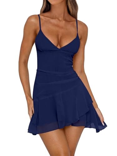 Caracilia Womens Cocktail Dresses Sleeveless V Neck Mesh Ruched Bodycon 2026 Sexy Summer Going Out Club Mini Short Dress Large Navy Blue - Image 1