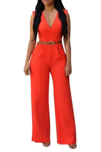 Pink Queen Women's Casual V Neck Wrap Long Pants Club Jumpsuits Rompers Belted with Pockets L Orange - Image 1
