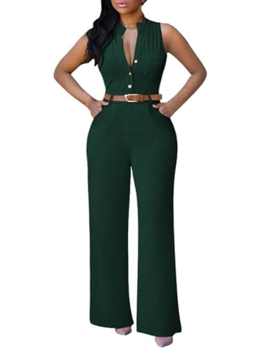 Pink Queen Women's Elegant V Neck Button Up Wide Leg Long Pants Party Cocktail Rompers Jumpsuits Dark Green L - Image 1