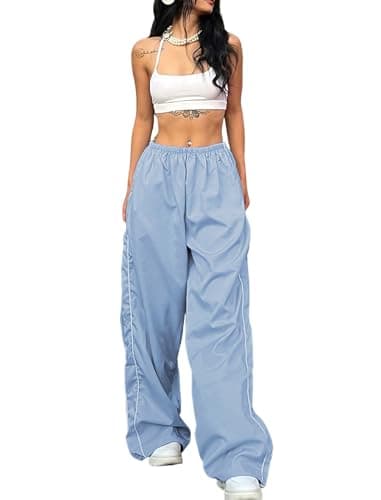 ZAFUL Womens Parachute Pants Y2K Wide Leg Cargo Sweatpants Drawstring Waist Jogger Pants with Pockets 3-Baby Blue L - Image 1