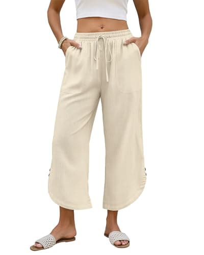 Bsubseach Womens Cotton Linen Pants Summer Capri Pants Comfy Cropped Lounge Pants with Drawstring Apricot S - Image 1