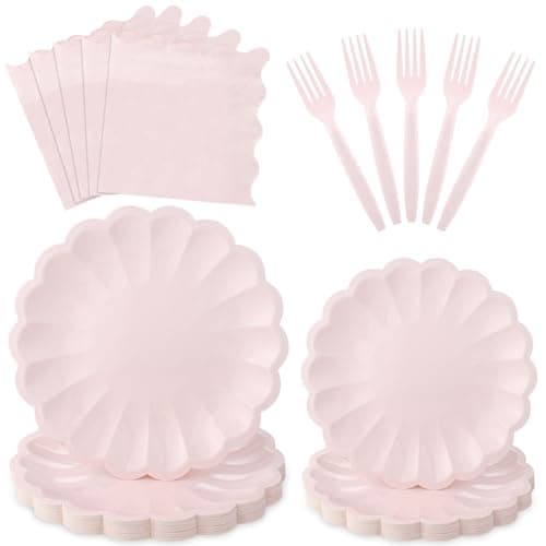 96 Pcs Pink Paper Plates and Napkins Party Supplies Serve 24 Guests Include Scalloped Dinner Plates 9.5", Dessert Plate 7.5", Napkins Plastic Forks for Baby Bridal Shower Wedding Mother's Day Birthday - Image 1