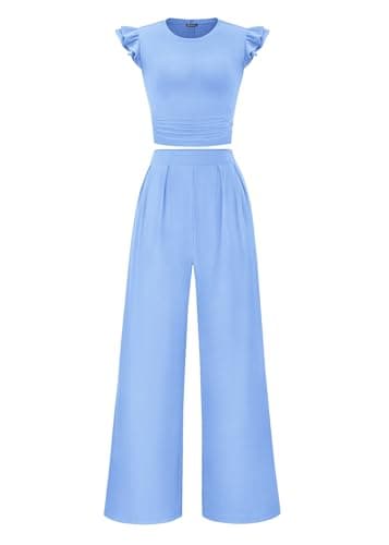 KIRUNDO Two Piece Sets For Women Dressy 2026 Summer Cap Sleeve Cute Tops Wide Leg Pants Spring Matching Set Vacation Outfits(Light Blue, XX-Large) - Image 1
