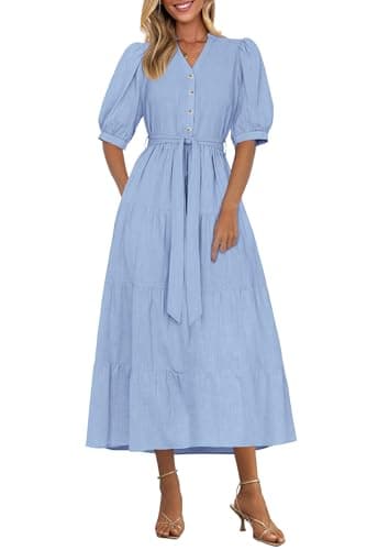 PRETTYGARDEN Summer Dresses for Women 2026 Elegant Classy Short Sleeve V Neck Ruffle A Line Belted Long Beach Vacation Dress (Light Blue,Small) - Image 1