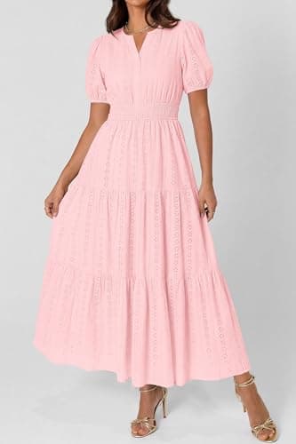 PRETTYGARDEN Womens Summer Maxi Dresses 2026 Casual Puff Sleeve V Neck Smocked Flowy Eyelet Cotton Dress Spring Sundress(Pink,Large) - Thumbnail 5