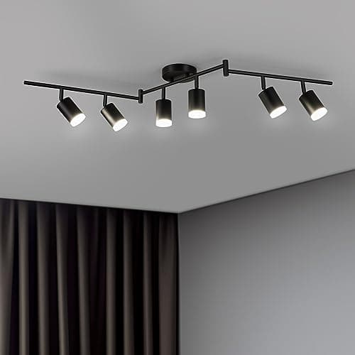 Bojim 6 Light Black Track Lighting Kit, Modern LED Track Lighting Fixtures Ceiling, Flexibly Rotatable LED Light Head with Acrylic Ring, Kitchen Ceiling Track Light (GU10, Bulbs Not Included) - Thumbnail 2