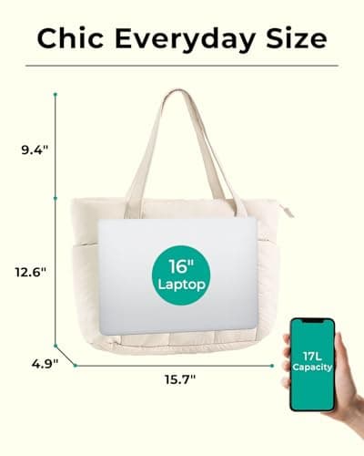 U+U Puffer Tote Bag for Women, Quilted Work Tote with 16" Laptop Sleeve, Luggage Sleeve & Yoga Mat Strap for Travel Gym School,Cream - Thumbnail 6