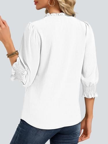 Funlingo Blouses for Women Dressy Casual 3/4 Length Sleeve Womens Tops Ruffle V Neck Lace Crochet Shirts with Smocked Cuffs Spring Trendy Clothes White S - Thumbnail 4