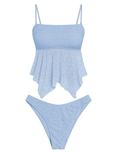 ZAFUL Two Piece Bathing Suits Lace Handkerchief Hem High Cut Tanga Tankini Set High Waisted Swimwear with Shorts (Blue S) - Image 1