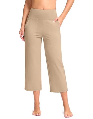 G Gradual Women's Capri Pants with Pockets High Waist Yoga Pants Wide Leg Workout Crop Summer Pants for Casual, Travel, Exercise(Khaki, Inseam 21, XL) - Image 1