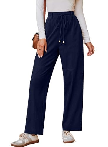 Dokotoo Linen Pants Women High Waisted Drawstring Stretch Pants Casual Loose Outdoor Travel Trousers Elastic Waistband with 4 Pockets Blue - Image 1