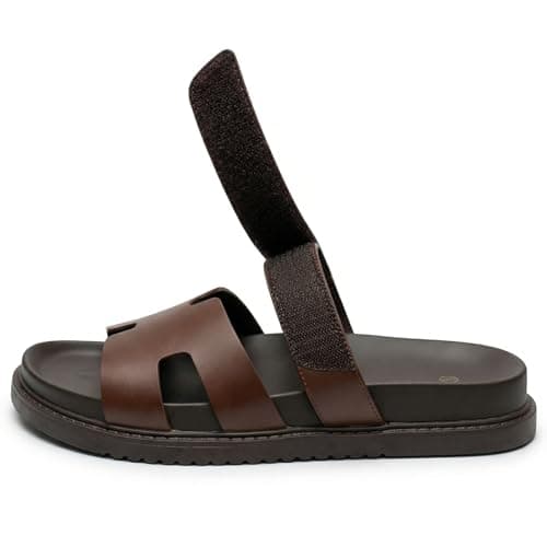 KENMITDY Men's Slide Sandals Adjustable Velcro Strap Comfortable PU Leather Open Toe Summer Shoes Non-Slip Thick Sole Casual Slides for Indoor Outdoor Beach Daily Wear Brown Size 10 - Thumbnail 5