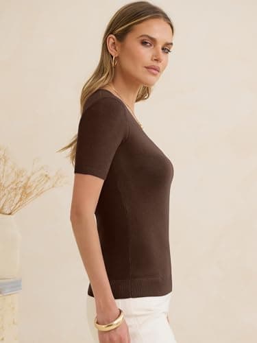 ANRABESS Womens Short Sleeve Sweaters Wool Blend Summer Scoop Neck Casual Business Knit Shirts Slim Fit Work Tops Outfits Chocolate Brown Small - Thumbnail 5