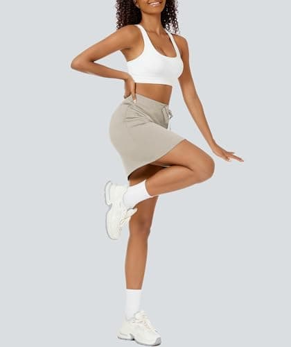 Casly Lamiit Womens Skorts Dressy Casual High Waisted Workout Drawstring Mini Skirts Athletic Elastic Waistband Short Sweat Skirt Dark Beige S - Thumbnail 6