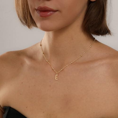 KISSCLOUD Initial Necklaces for Women 14K Gold Plated Dainty Letter Charm Necklace Personalized Name Pendant Bead Chain E Necklace Non Tarnish Trendy Jewelry Gift - Thumbnail 3