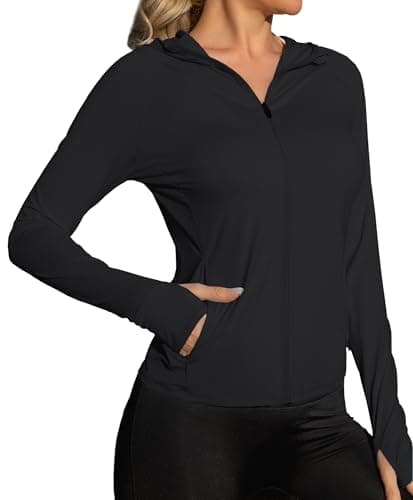 We1Fit Women's UPF 50+ Slim Fit Athletic Jacket Full Zip Hooded Sun Protection Running Shirts with Pockets Black - Image 1