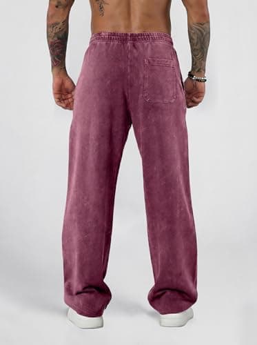 JMIERR Men's Wide Leg Pants Casual Trousers Acid Washed Baggy Cotton Hip Hop Drawstring Streetwear Sweatpants with Pockets, 2XL, Burgundy - Thumbnail 6