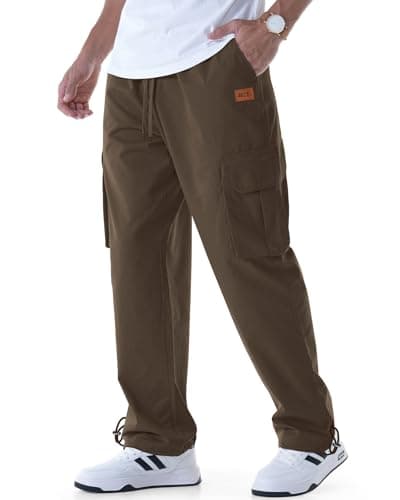 CANGHPGIN Mens Casual Cargo Pants Relaxed Fit Outdoor Travel Hiking Pants Men Drawstring Cotton Joggers Sweatpants with Pockets Brown - Image 1