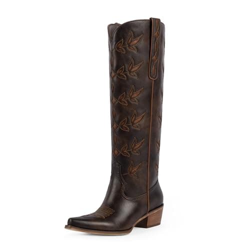 QIY Womens Cowboy Boots Dark Brown Chocolate Cowgirl Boots Coffee Embroidered Knee High Pointed Toe Chunky Heel Western Cow Girl Boot Size 7.5 - Image 1
